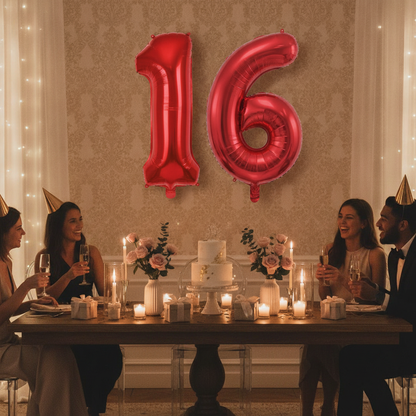 Red 16th birthday party decoration with number balloons