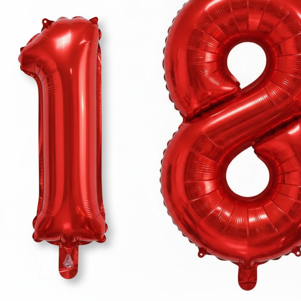 Red 18th birthday 40 inch foil number balloons self-sealing valves and tabs close-up detail