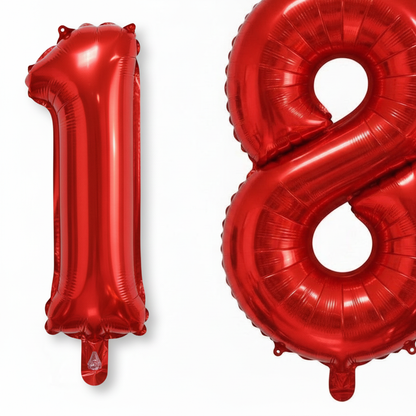Red 18th birthday 40 inch foil number balloons self-sealing valves and tabs close-up detail