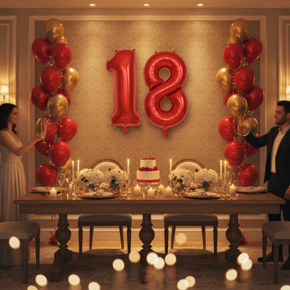 Red 18th birthday party decoration with number balloons