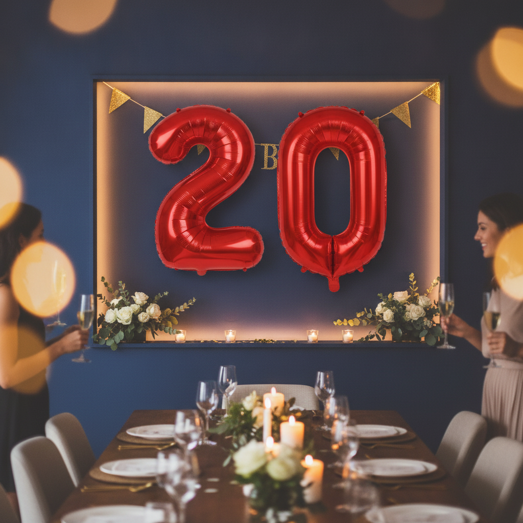 Red 20th birthday party decoration with number balloons