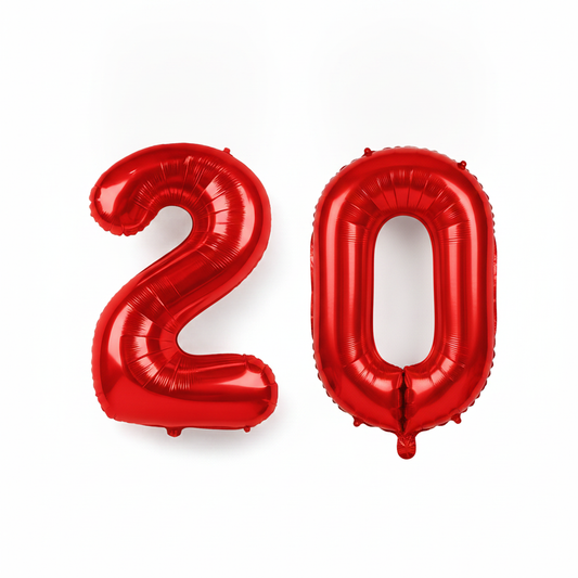 Red 20th birthday number balloons 40 inch foil set