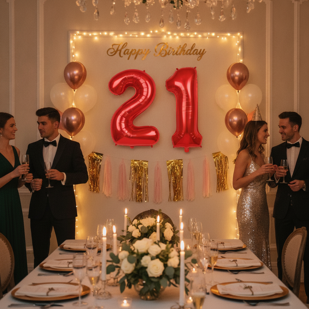 Red 21st birthday party decoration with number balloons