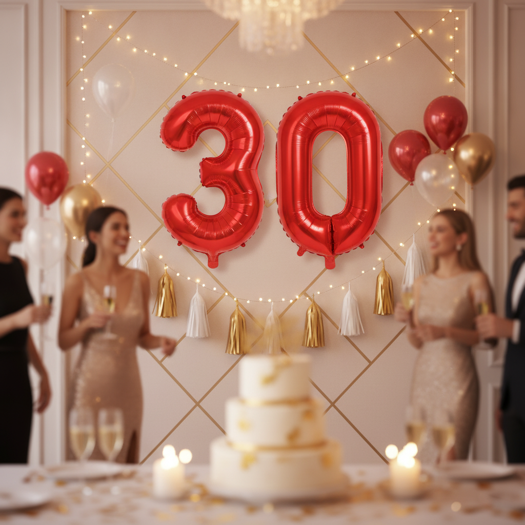 Red 30th birthday party decoration with number balloons