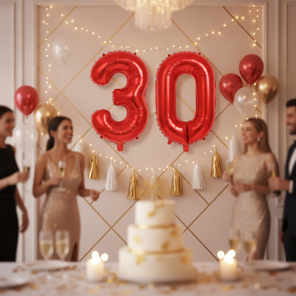 Red 30th birthday party decoration with number balloons