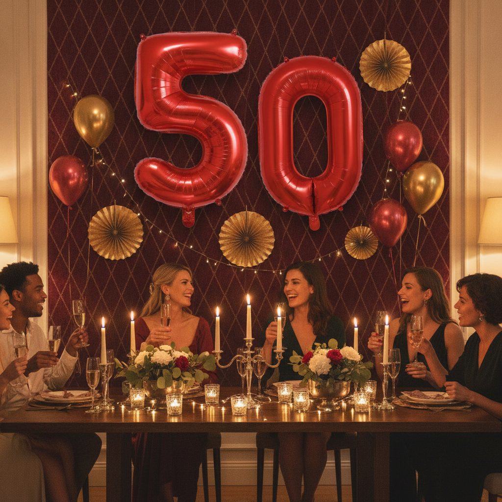 Red 50th birthday party decoration with number balloons