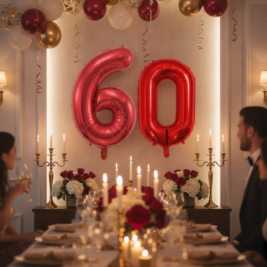Red 60th birthday party decoration with number balloons