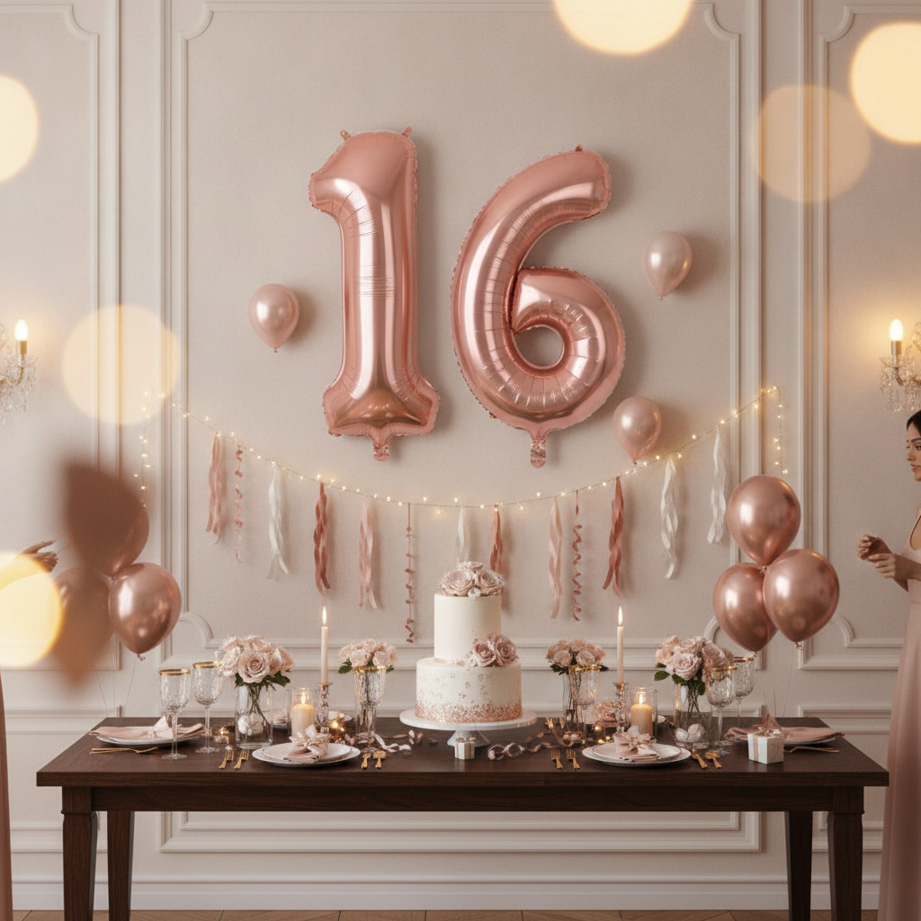 Rose Gold 16th birthday party decoration with number balloons