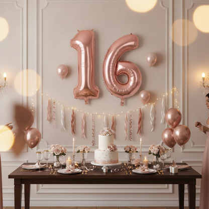 Rose Gold 16th birthday party decoration with number balloons