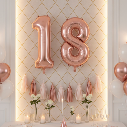 Rose Gold 18th birthday party decoration with number balloons