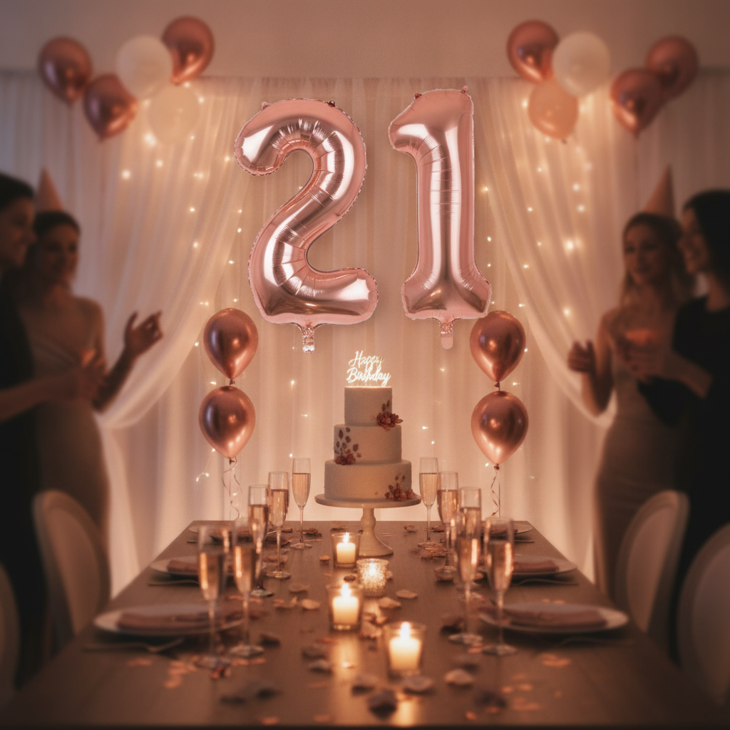 Rose Gold 21st birthday party decoration with number balloons