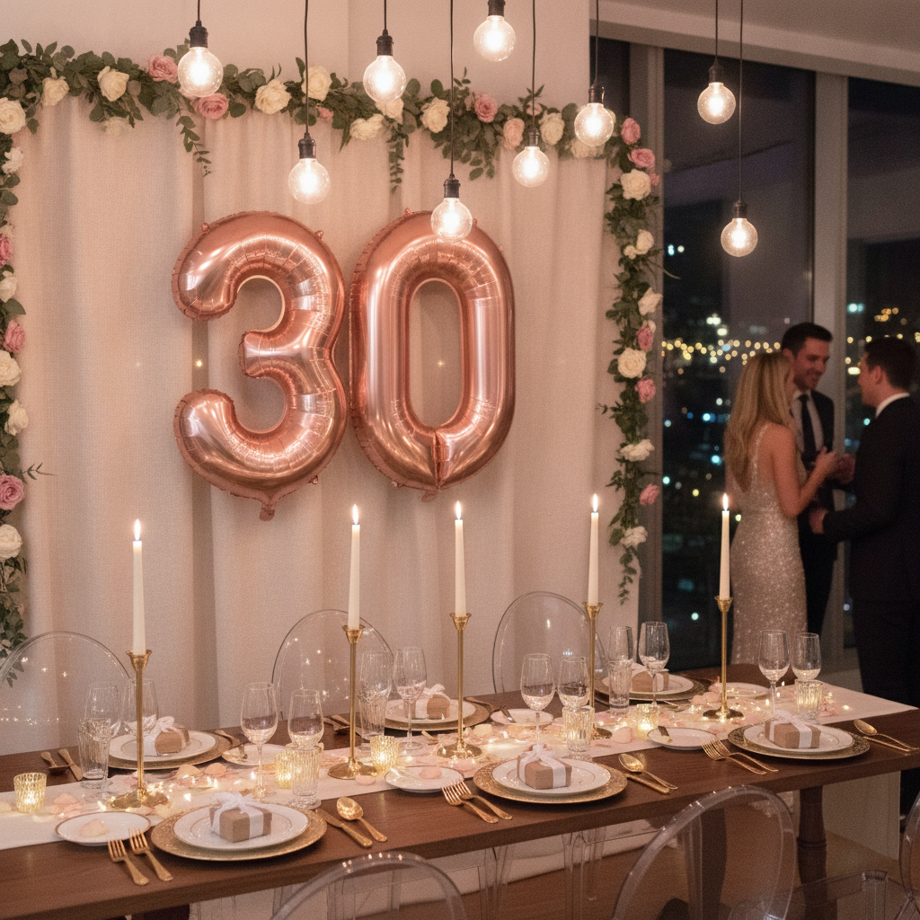 Rose Gold 30th birthday party decoration with number balloons