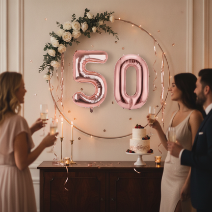 Rose Gold 50th birthday party decoration with number balloons