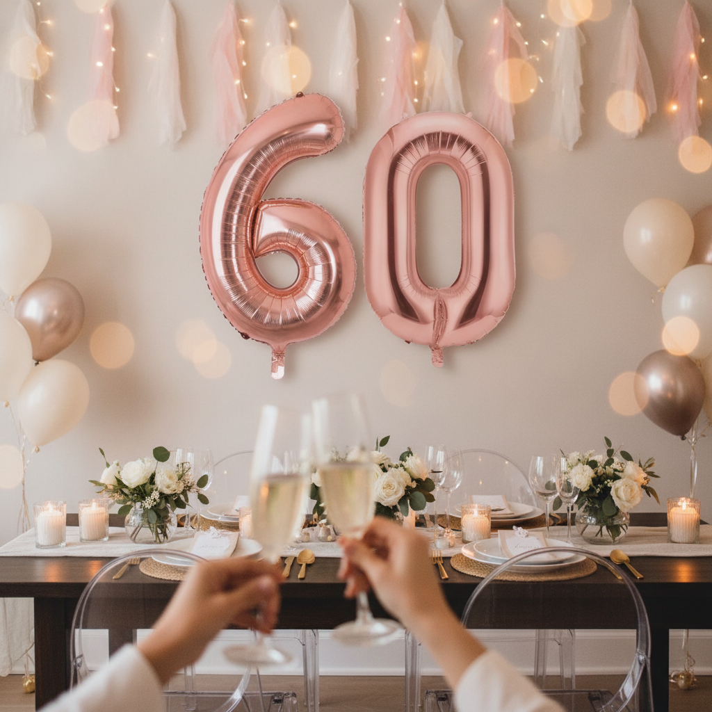 Rose Gold 60th birthday party decoration with number balloons