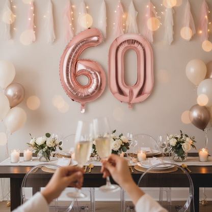 Rose Gold 60th birthday party decoration with number balloons