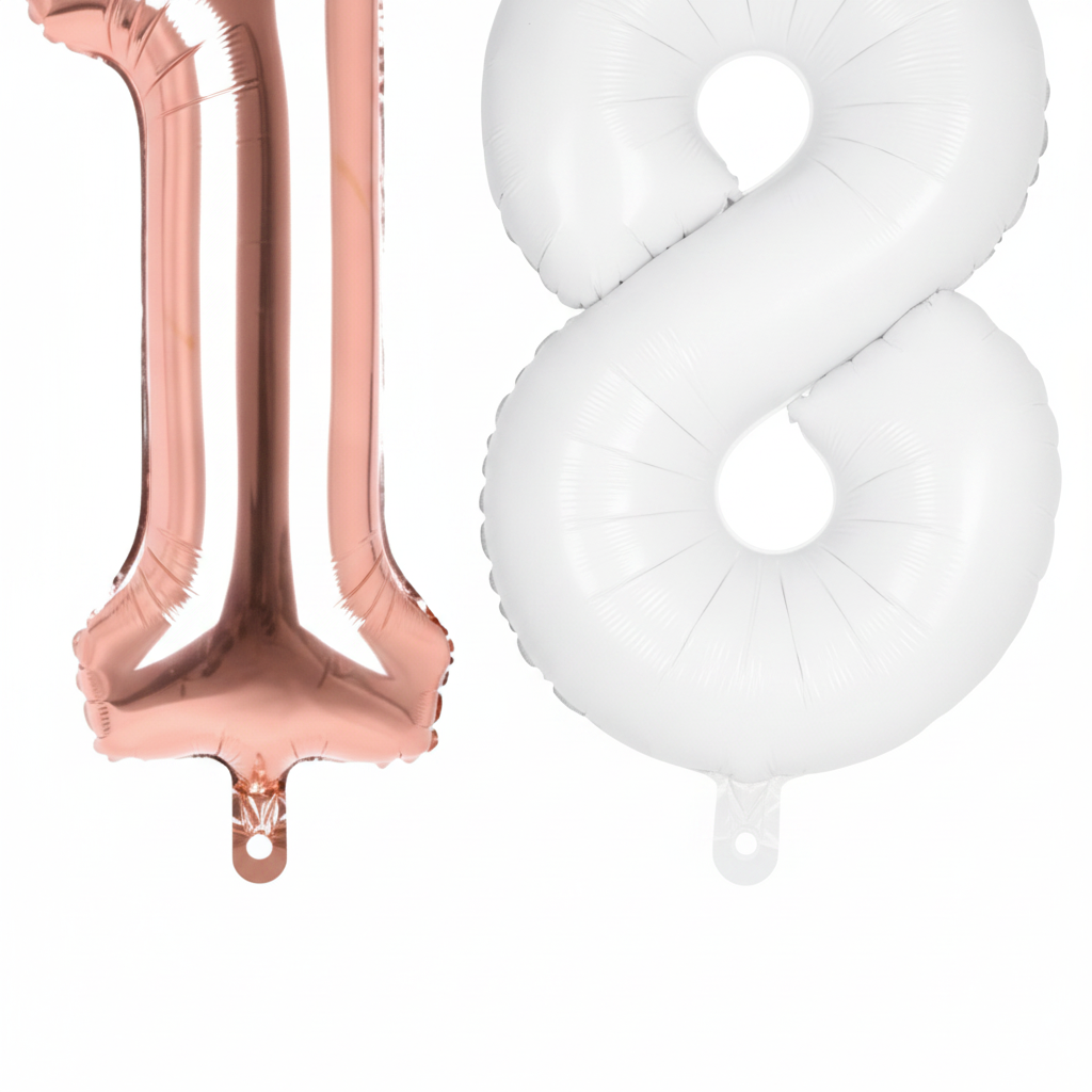 Rose Gold & White 18th birthday 40 inch foil number balloons self-sealing valves and tabs close-up detail