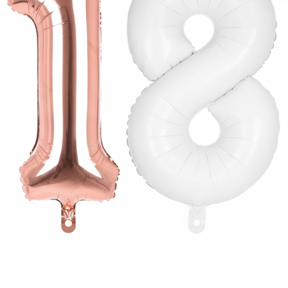 Rose Gold & White 18th birthday 40 inch foil number balloons self-sealing valves and tabs close-up detail