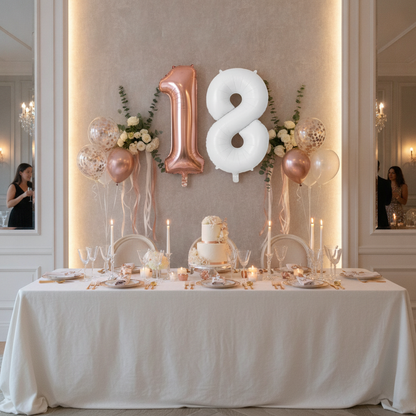 Rose Gold & White 18th birthday party decoration with number balloons