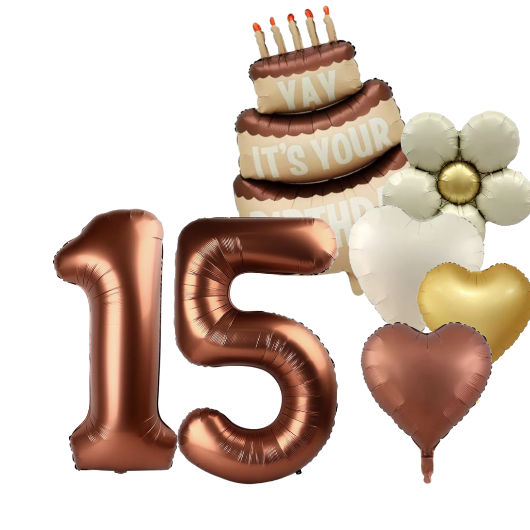 Birthday Balloon Set | Brown & Gold Number Balloons with Cake & Hearts | Party Decoration UK