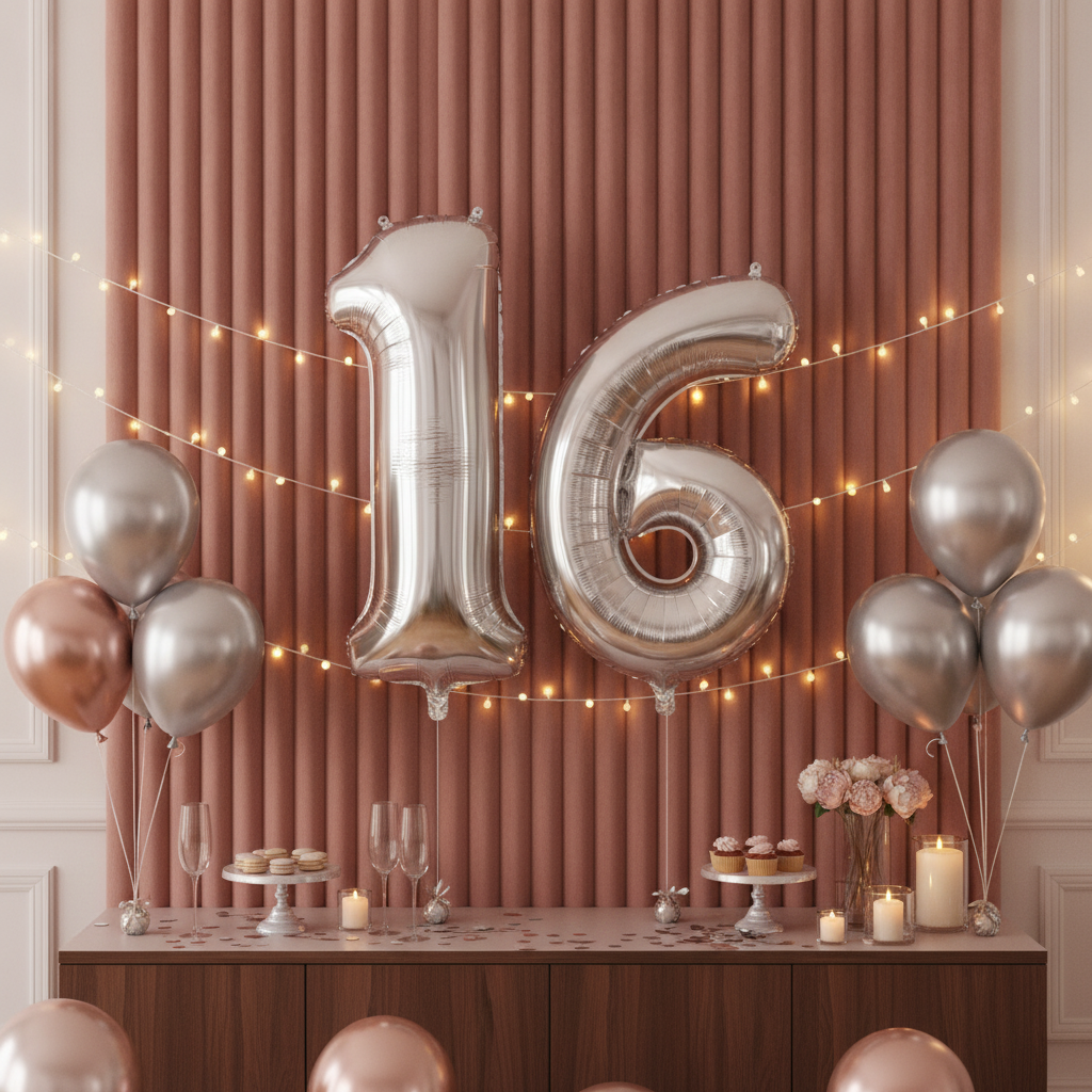 Silver 16th birthday party decoration with number balloons