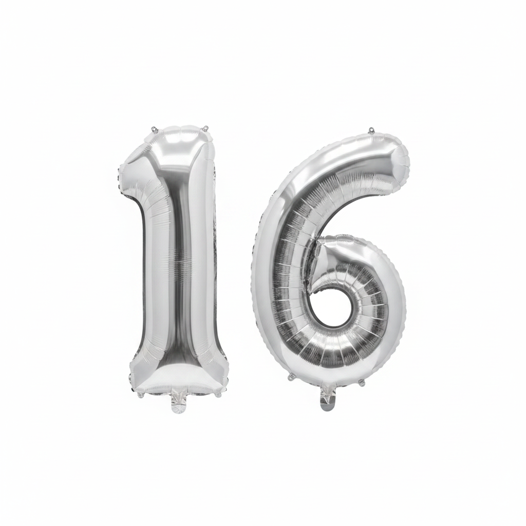 Silver 16th birthday number balloons 40 inch foil set