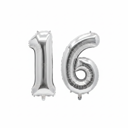 Silver 16th birthday number balloons 40 inch foil set