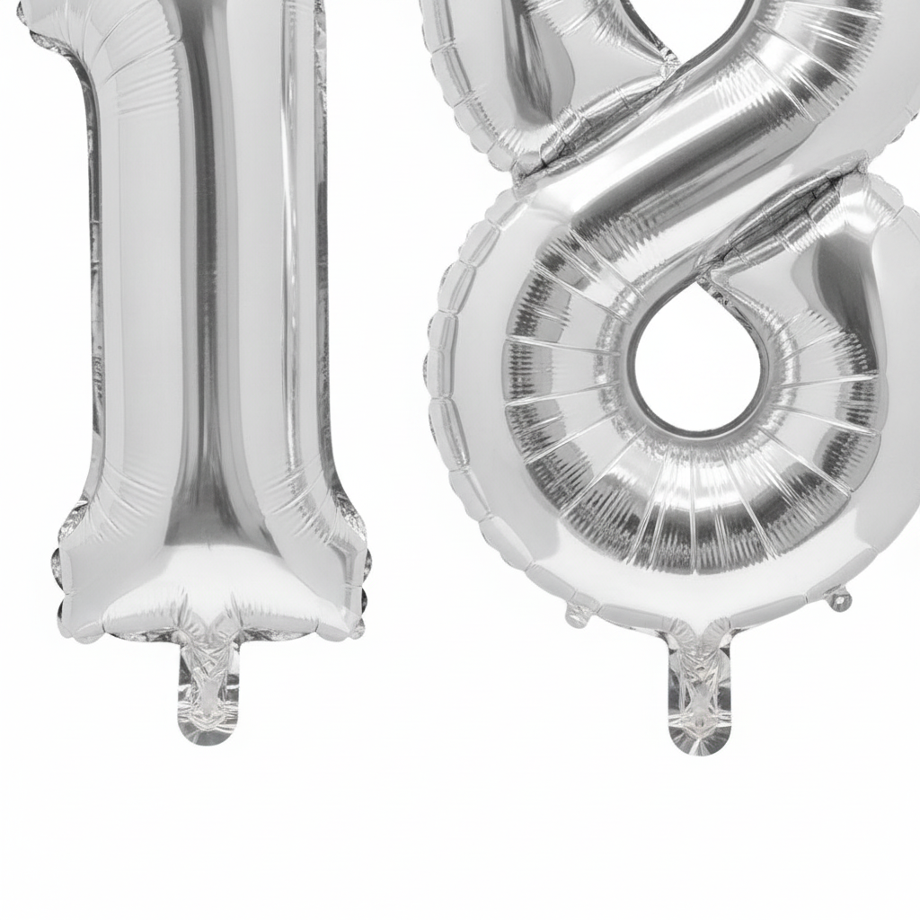 Silver 18th birthday 40 inch foil number balloons self-sealing valves and tabs close-up detail