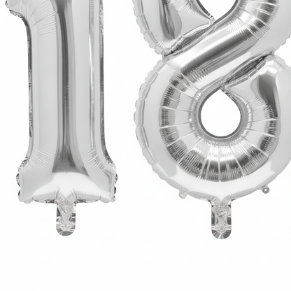 Silver 18th birthday 40 inch foil number balloons self-sealing valves and tabs close-up detail