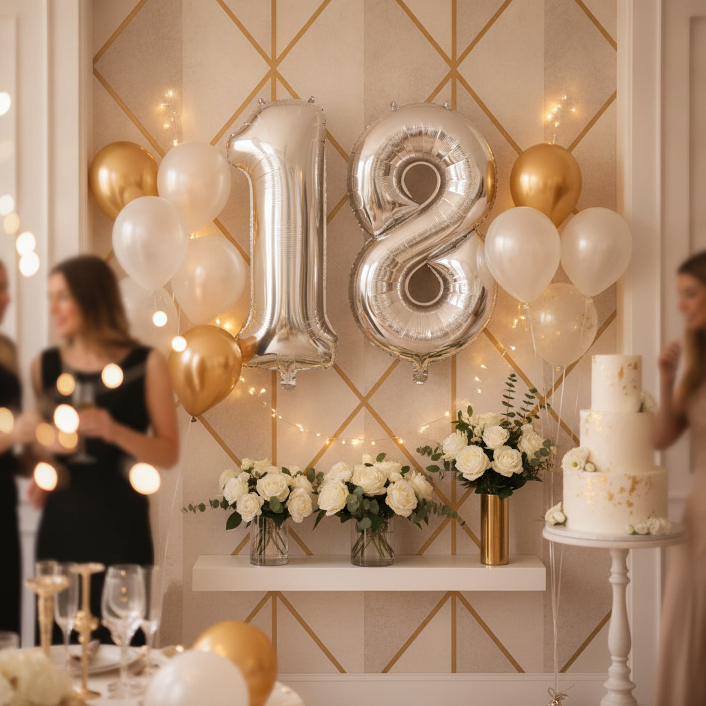 Silver 18th birthday party decoration with number balloons
