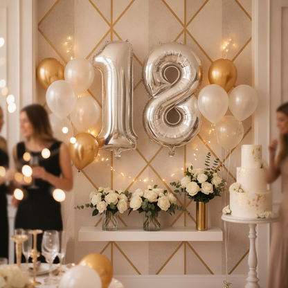 Silver 18th birthday party decoration with number balloons