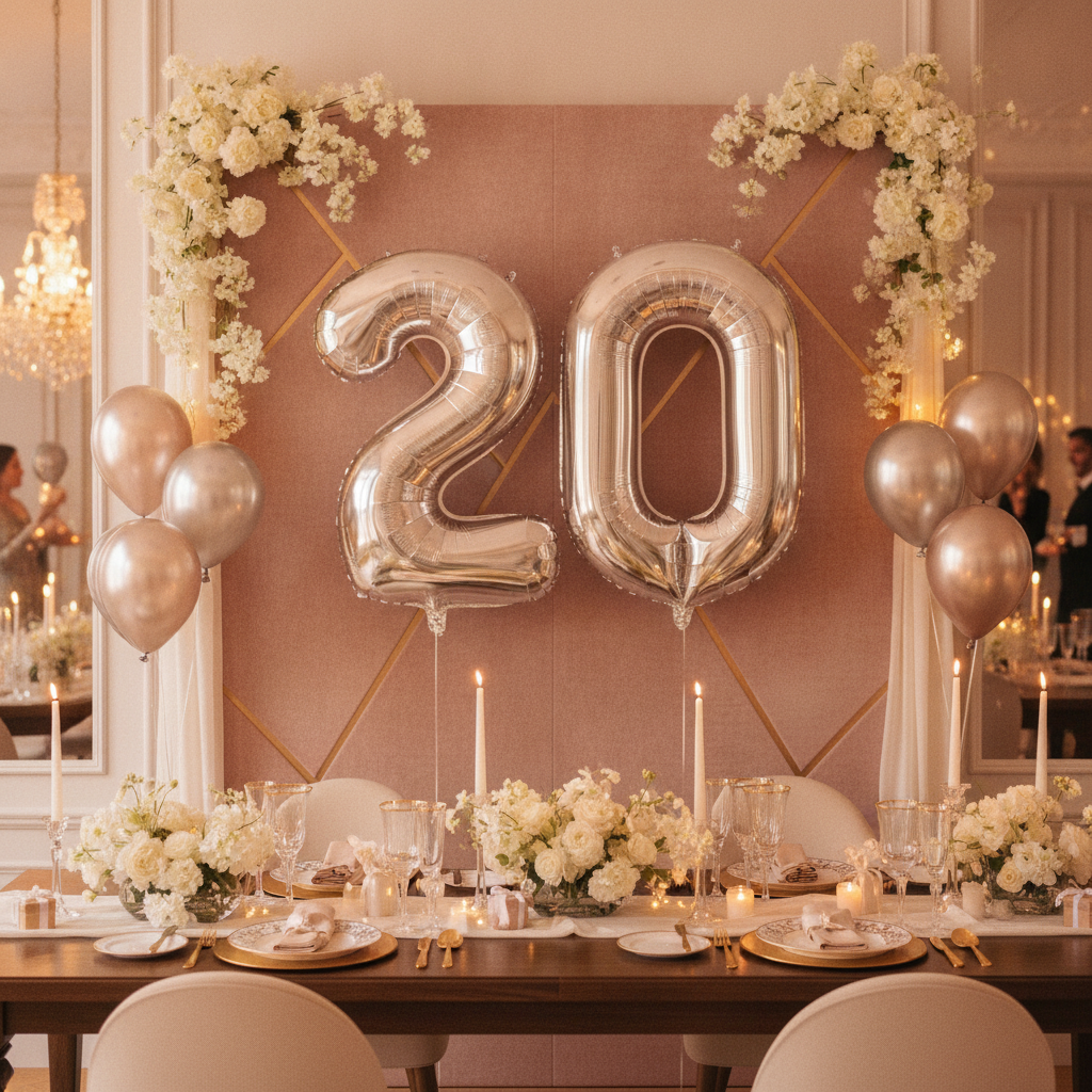 Silver 20th birthday party decoration with number balloons