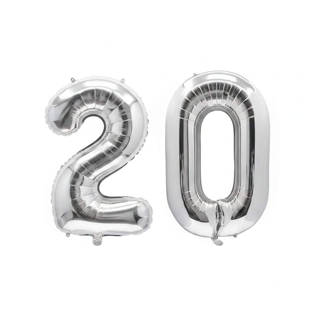 Silver 20th birthday number balloons 40 inch foil set