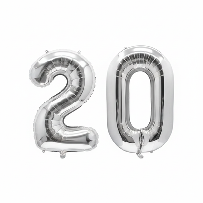 Silver 20th birthday number balloons 40 inch foil set