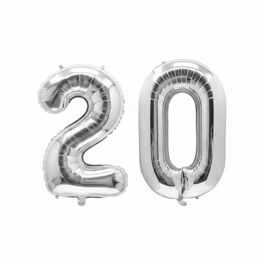 Silver 20th birthday number balloons 40 inch foil set