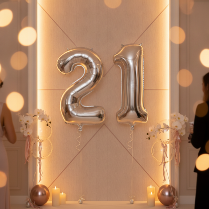 Silver 21st birthday party decoration with number balloons