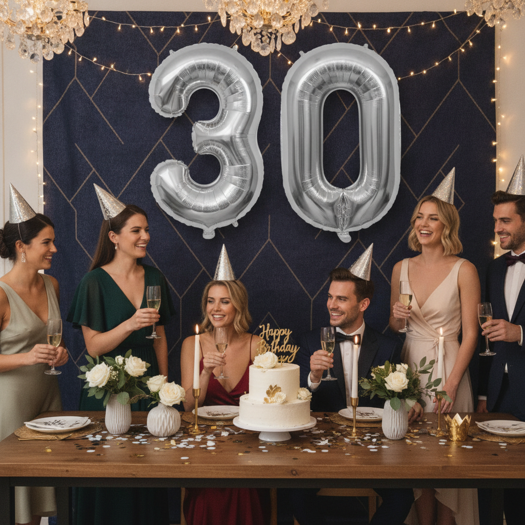 Silver 30th birthday party decoration with number balloons