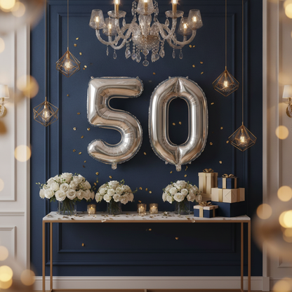 Silver 50th birthday party decoration with number balloons