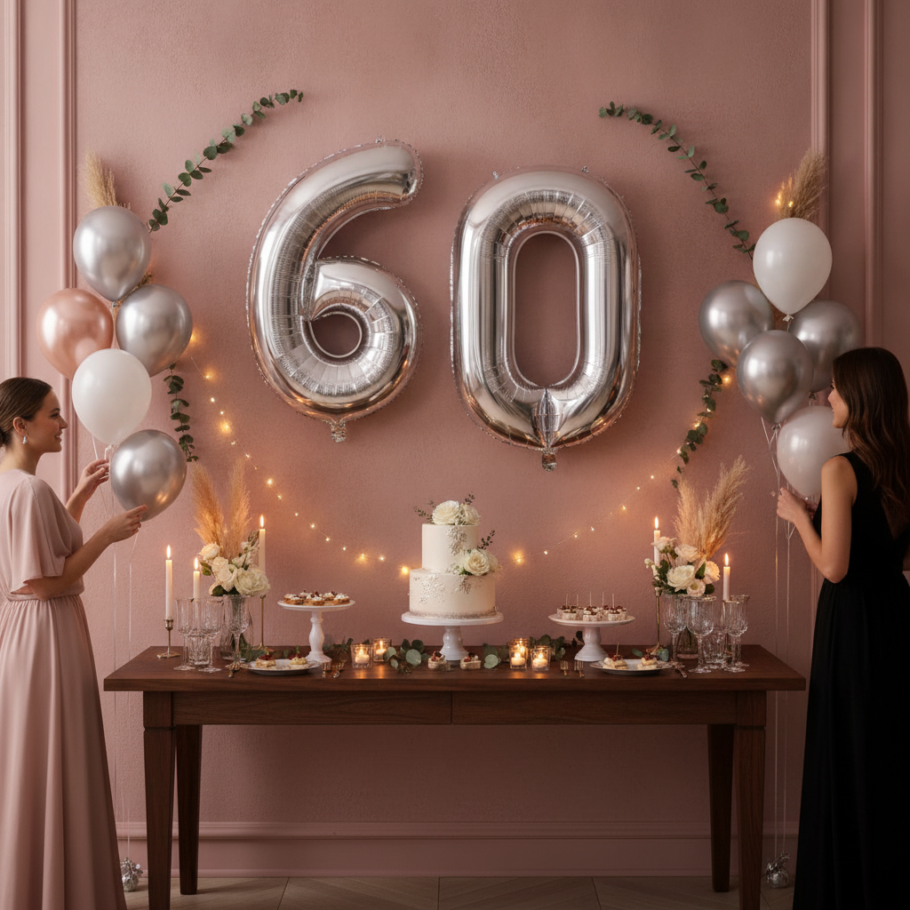 Silver 60th birthday party decoration with number balloons