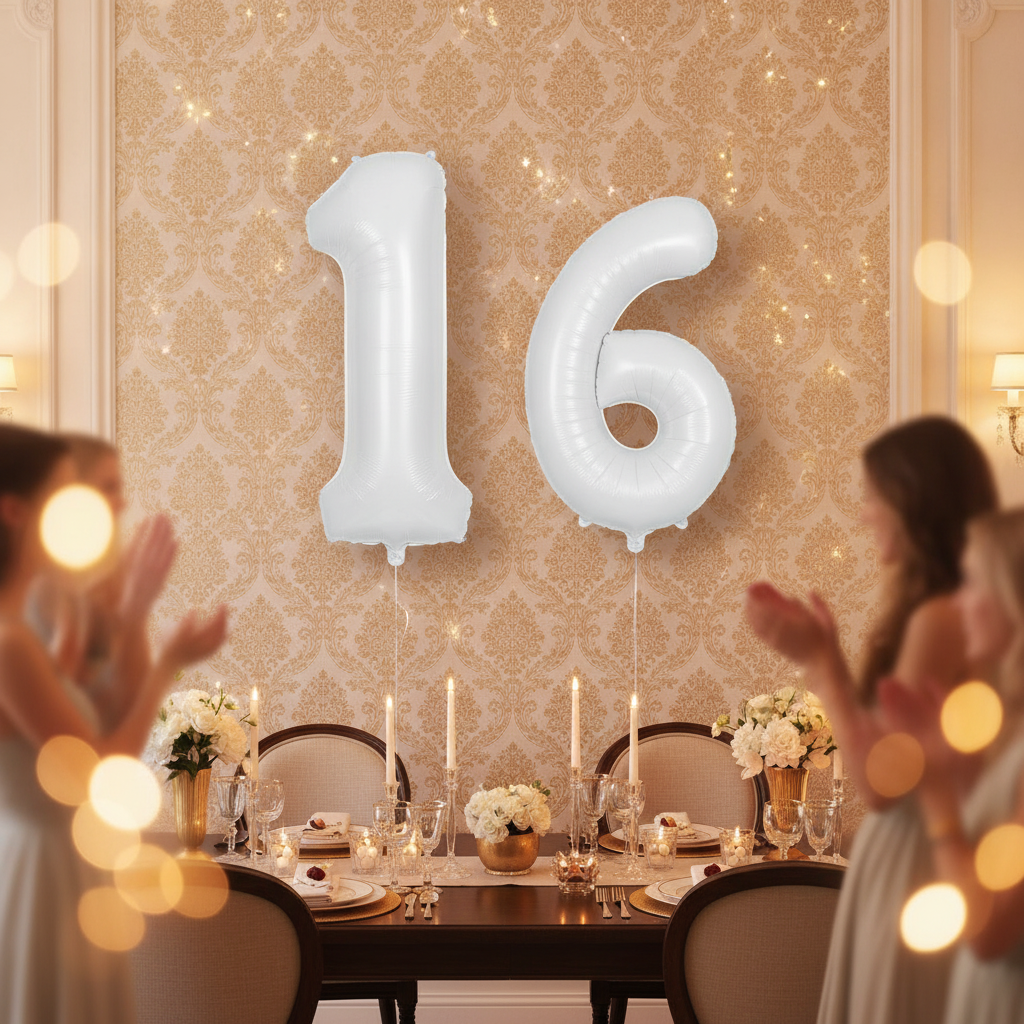 White 16th birthday party decoration with number balloons