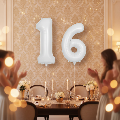 White 16th birthday party decoration with number balloons