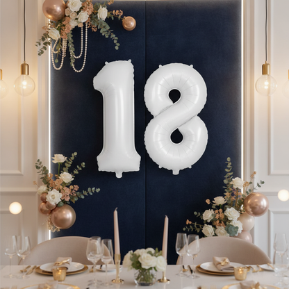White 18th birthday party decoration with number balloons