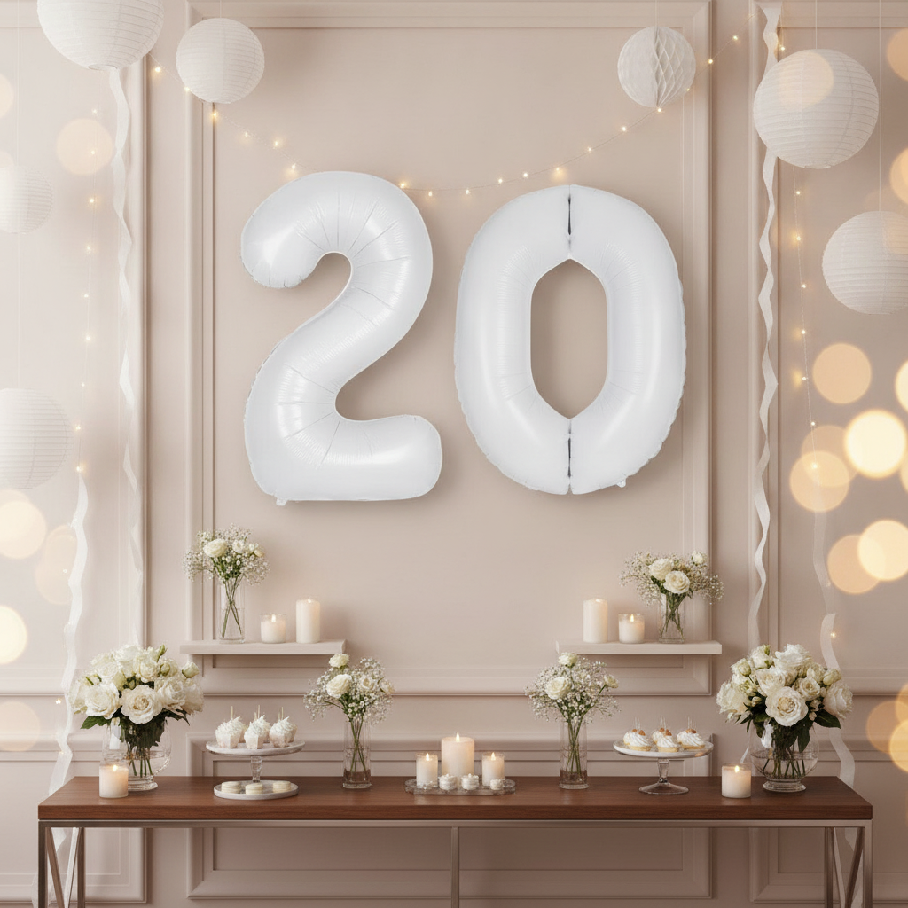 White 20th birthday party decoration with number balloons