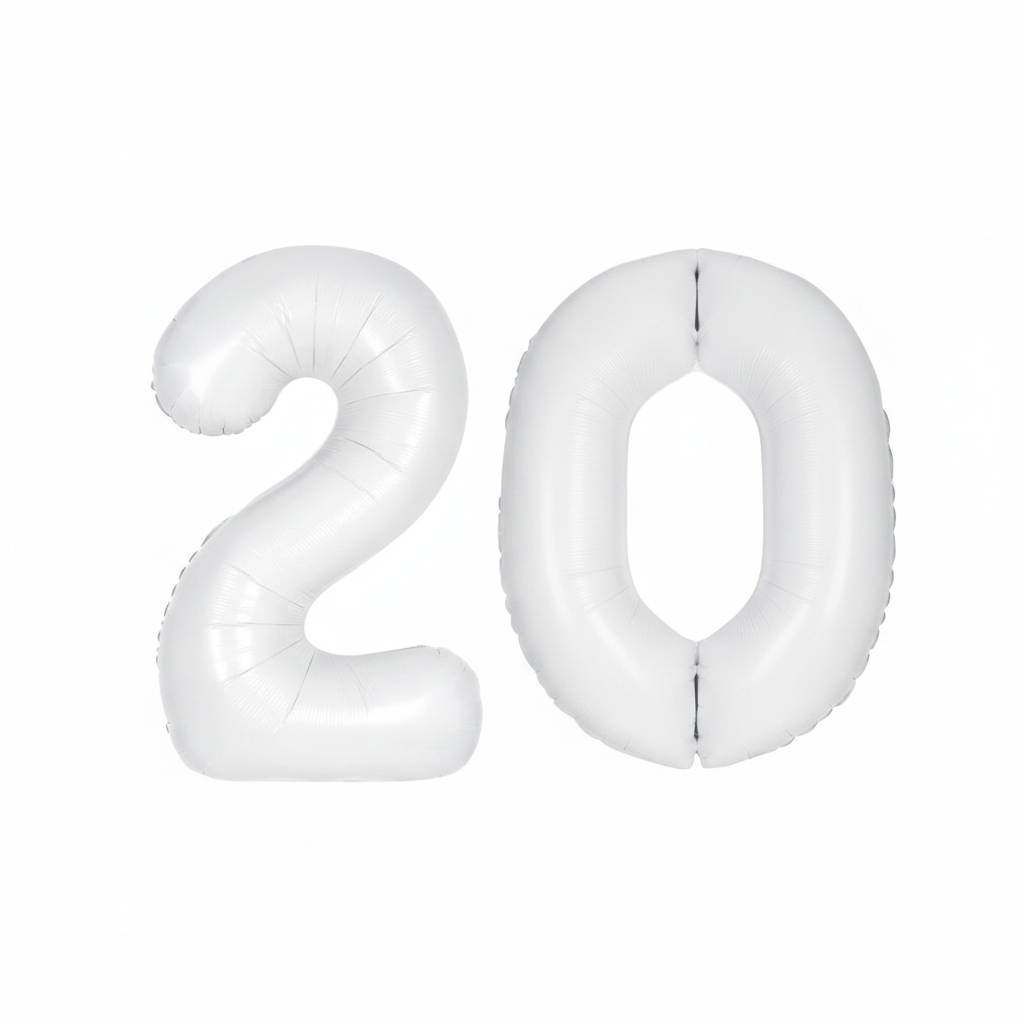 White 20th birthday number balloons 40 inch foil set
