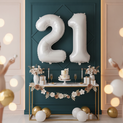 White 21st birthday party decoration with number balloons