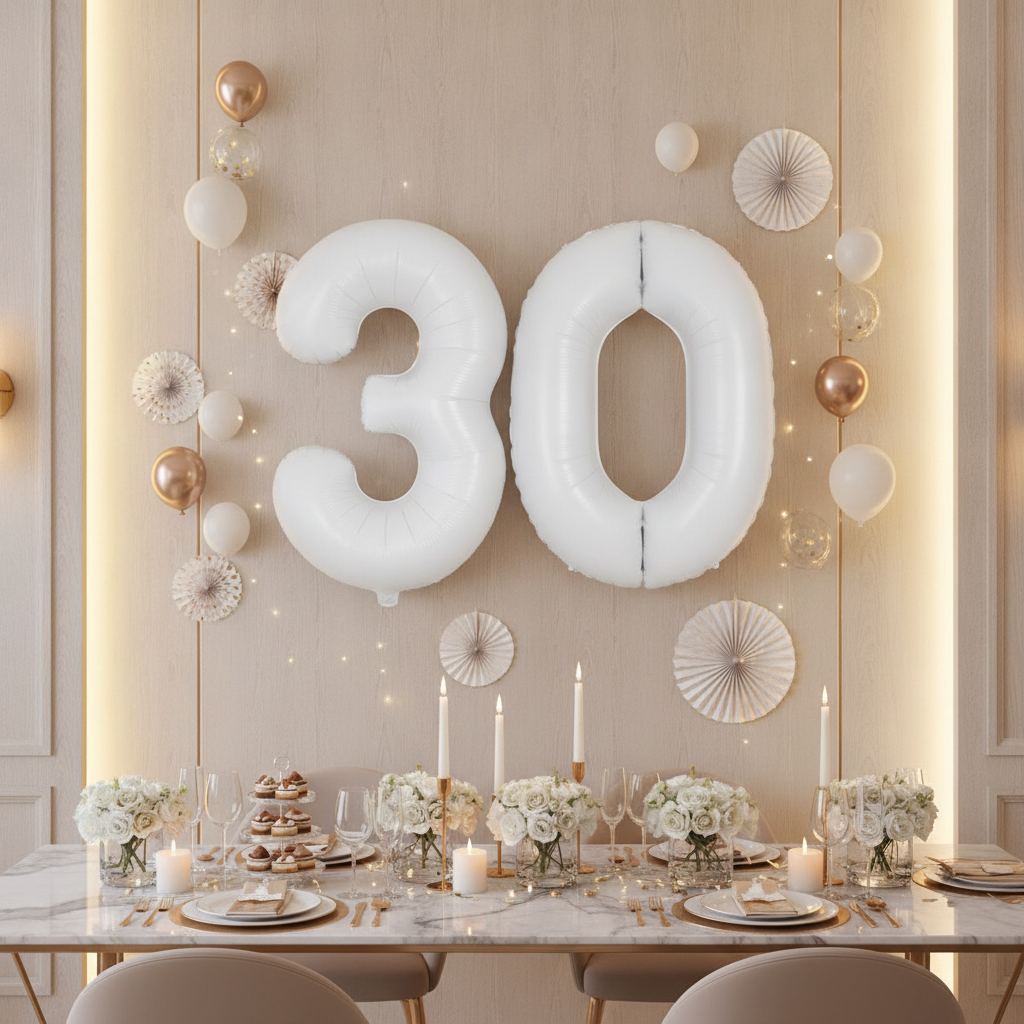 White 30th birthday party decoration with number balloons