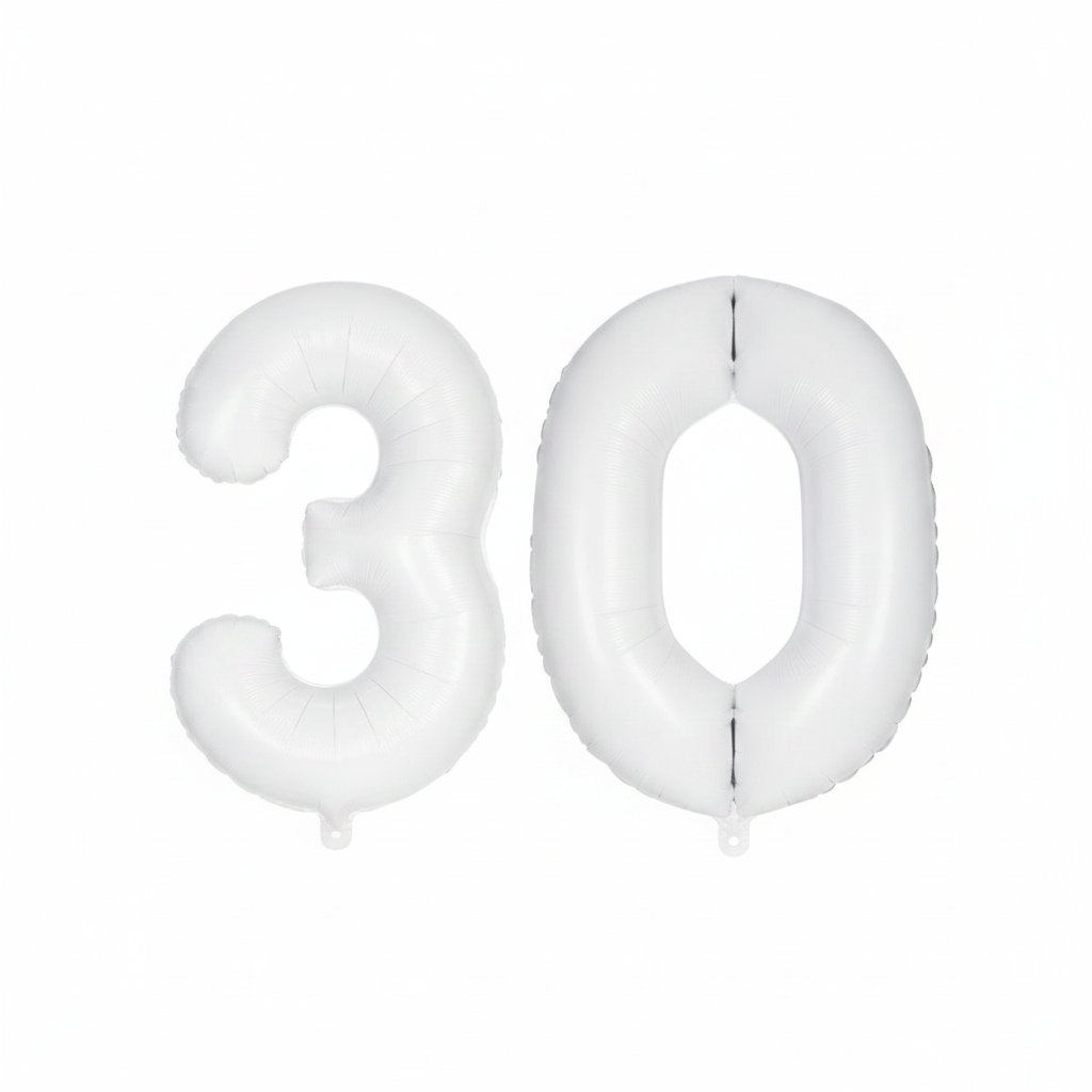 White 30th birthday number balloons 40 inch foil set