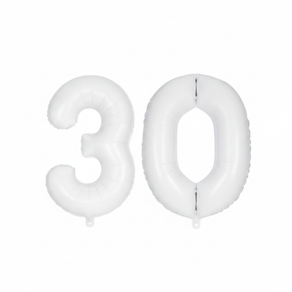 White 30th birthday number balloons 40 inch foil set