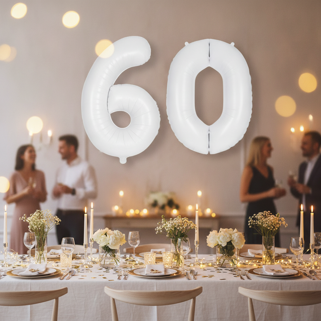 White 60th birthday party decoration with number balloons