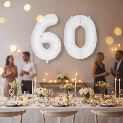 White 60th birthday party decoration with number balloons